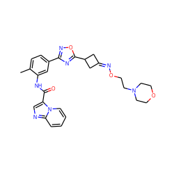 Cc1ccc(-c2noc(C3CC(=NOCCN4CCOCC4)C3)n2)cc1NC(=O)c1cnc2ccccn12 ZINC000217884448