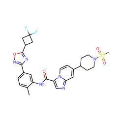 Cc1ccc(-c2noc(C3CC(F)(F)C3)n2)cc1NC(=O)c1cnc2cc(C3CCN(S(C)(=O)=O)CC3)ccn12 ZINC000206115324