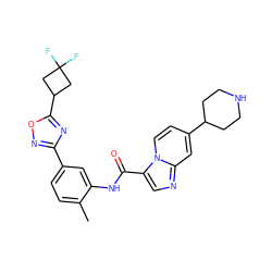 Cc1ccc(-c2noc(C3CC(F)(F)C3)n2)cc1NC(=O)c1cnc2cc(C3CCNCC3)ccn12 ZINC000206117940