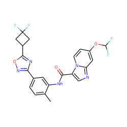 Cc1ccc(-c2noc(C3CC(F)(F)C3)n2)cc1NC(=O)c1cnc2cc(OC(F)F)ccn12 ZINC000206136189