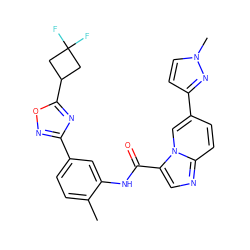 Cc1ccc(-c2noc(C3CC(F)(F)C3)n2)cc1NC(=O)c1cnc2ccc(-c3ccn(C)n3)cn12 ZINC000206111620