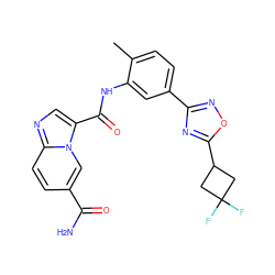 Cc1ccc(-c2noc(C3CC(F)(F)C3)n2)cc1NC(=O)c1cnc2ccc(C(N)=O)cn12 ZINC000206108736