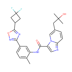 Cc1ccc(-c2noc(C3CC(F)(F)C3)n2)cc1NC(=O)c1cnc2ccc(CC(C)(C)O)cn12 ZINC000206125459