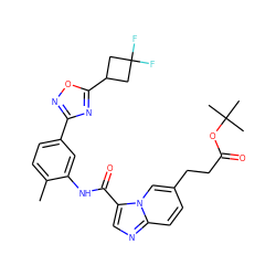 Cc1ccc(-c2noc(C3CC(F)(F)C3)n2)cc1NC(=O)c1cnc2ccc(CCC(=O)OC(C)(C)C)cn12 ZINC000206118933