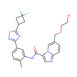 Cc1ccc(-c2noc(C3CC(F)(F)C3)n2)cc1NC(=O)c1cnc2ccc(COCCO)cn12 ZINC000206125001