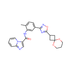 Cc1ccc(-c2noc(C3CC4(C3)OCCCO4)n2)cc1NC(=O)c1cnc2ccccn12 ZINC000206114550