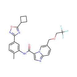 Cc1ccc(-c2noc(C3CCC3)n2)cc1NC(=O)c1cnc2ccc(COCC(F)(F)F)cn12 ZINC000206129088