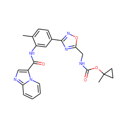 Cc1ccc(-c2noc(CNC(=O)OC3(C)CC3)n2)cc1NC(=O)c1cnc2ccccn12 ZINC000206111723