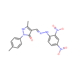 Cc1ccc(-n2[nH]c(C)c(/C=N/Nc3ccc([N+](=O)[O-])cc3[N+](=O)[O-])c2=O)cc1 ZINC000169325483