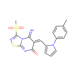 Cc1ccc(-n2cccc2/C=C2/C(=N)N3C(=NC2=O)SN=C3S(C)(=O)=O)cc1 ZINC000004909461