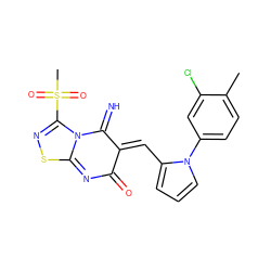 Cc1ccc(-n2cccc2/C=C2/C(=N)N3C(=NC2=O)SN=C3S(C)(=O)=O)cc1Cl ZINC000013483502