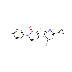 Cc1ccc(-n2cnc3c(sc4nc(C5CC5)nc(N)c43)c2=O)cc1 ZINC000049110138