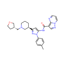 Cc1ccc(-n2nc([C@@H]3CCCN(C[C@@H]4CCOC4)C3)cc2NC(=O)c2cnn3cccnc23)cc1 ZINC000145886632