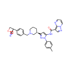 Cc1ccc(-n2nc([C@@H]3CCCN(Cc4ccc(C5(C#N)COC5)cc4)C3)cc2NC(=O)c2cnn3cccnc23)cc1 ZINC000145874998