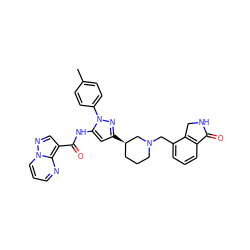 Cc1ccc(-n2nc([C@@H]3CCCN(Cc4cccc5c4CNC5=O)C3)cc2NC(=O)c2cnn3cccnc23)cc1 ZINC000142419966