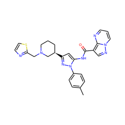 Cc1ccc(-n2nc([C@@H]3CCCN(Cc4nccs4)C3)cc2NC(=O)c2cnn3cccnc23)cc1 ZINC000204754310