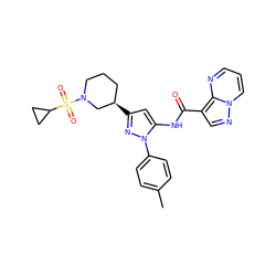 Cc1ccc(-n2nc([C@@H]3CCCN(S(=O)(=O)C4CC4)C3)cc2NC(=O)c2cnn3cccnc23)cc1 ZINC000204779130