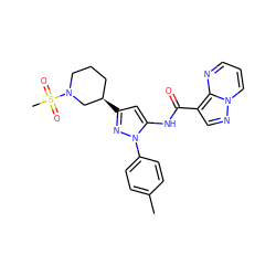 Cc1ccc(-n2nc([C@@H]3CCCN(S(C)(=O)=O)C3)cc2NC(=O)c2cnn3cccnc23)cc1 ZINC000204753846