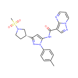 Cc1ccc(-n2nc([C@@H]3CCN(S(C)(=O)=O)C3)cc2NC(=O)c2cnn3cccnc23)cc1 ZINC000204755797