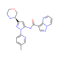 Cc1ccc(-n2nc([C@@H]3COCCN3)cc2NC(=O)c2cnn3cccnc23)nc1 ZINC000203753325