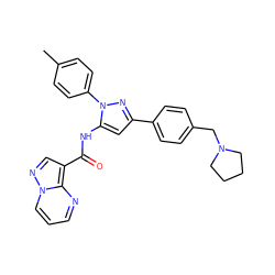 Cc1ccc(-n2nc(-c3ccc(CN4CCCC4)cc3)cc2NC(=O)c2cnn3cccnc23)cc1 ZINC000203748252