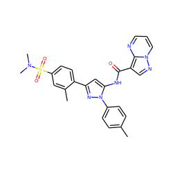 Cc1ccc(-n2nc(-c3ccc(S(=O)(=O)N(C)C)cc3C)cc2NC(=O)c2cnn3cccnc23)cc1 ZINC000145885515