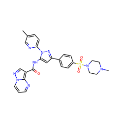 Cc1ccc(-n2nc(-c3ccc(S(=O)(=O)N4CCN(C)CC4)cc3)cc2NC(=O)c2cnn3cccnc23)nc1 ZINC000145871308