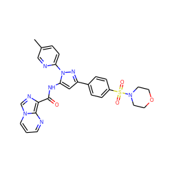 Cc1ccc(-n2nc(-c3ccc(S(=O)(=O)N4CCOCC4)cc3)cc2NC(=O)c2ncn3cccnc23)nc1 ZINC000143371035