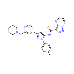 Cc1ccc(-n2nc(-c3ccnc(CN4CCCCC4)c3)cc2NC(=O)c2cnn3cccnc23)cc1 ZINC000204758125