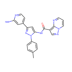 Cc1ccc(-n2nc(-c3ccnc(N)c3)cc2NC(=O)c2cnn3cccnc23)cc1 ZINC000204761483