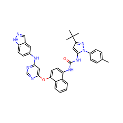 Cc1ccc(-n2nc(C(C)(C)C)cc2NC(=O)Nc2ccc(Oc3cc(Nc4ccc5[nH]ncc5c4)ncn3)c3ccccc23)cc1 ZINC000211108525