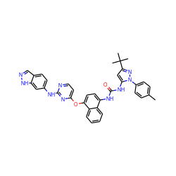 Cc1ccc(-n2nc(C(C)(C)C)cc2NC(=O)Nc2ccc(Oc3ccnc(Nc4ccc5cn[nH]c5c4)n3)c3ccccc23)cc1 ZINC000211108599