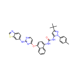 Cc1ccc(-n2nc(C(C)(C)C)cc2NC(=O)Nc2ccc(Oc3ccnc(Nc4ccc5ncsc5c4)n3)c3ccccc23)cc1 ZINC000211030394