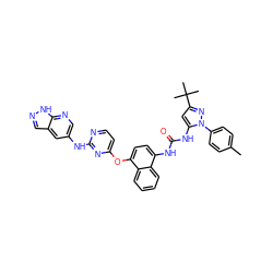 Cc1ccc(-n2nc(C(C)(C)C)cc2NC(=O)Nc2ccc(Oc3ccnc(Nc4cnc5[nH]ncc5c4)n3)c3ccccc23)cc1 ZINC000211081971