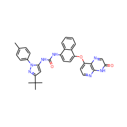 Cc1ccc(-n2nc(C(C)(C)C)cc2NC(=O)Nc2ccc(Oc3ccnc4[nH]c(=O)cnc34)c3ccccc23)cc1 ZINC000058582829