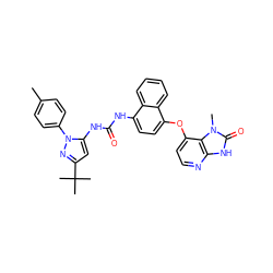 Cc1ccc(-n2nc(C(C)(C)C)cc2NC(=O)Nc2ccc(Oc3ccnc4[nH]c(=O)n(C)c34)c3ccccc23)cc1 ZINC000049780608