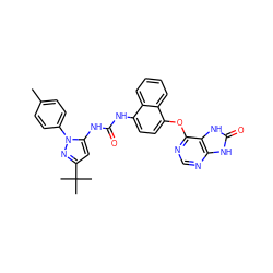 Cc1ccc(-n2nc(C(C)(C)C)cc2NC(=O)Nc2ccc(Oc3ncnc4[nH]c(=O)[nH]c34)c3ccccc23)cc1 ZINC000199090639