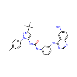 Cc1ccc(-n2nc(C(C)(C)C)cc2NC(=O)Nc2cccc(Nc3ncnc4ccc(N)cc34)c2)cc1 ZINC000039273500