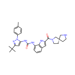 Cc1ccc(-n2nc(C(C)(C)C)cc2NC(=O)Nc2cccc3cc(C(=O)N4CC[C@]5(CCNC5)C4)[nH]c23)cc1 ZINC000095561421