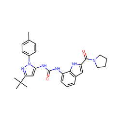 Cc1ccc(-n2nc(C(C)(C)C)cc2NC(=O)Nc2cccc3cc(C(=O)N4CCCC4)[nH]c23)cc1 ZINC000095559017