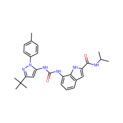 Cc1ccc(-n2nc(C(C)(C)C)cc2NC(=O)Nc2cccc3cc(C(=O)NC(C)C)[nH]c23)cc1 ZINC000095562621