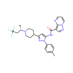 Cc1ccc(-n2nc(C3CCN([C@@H](C)CC(F)(F)F)CC3)cc2NC(=O)c2cnn3cccnc23)cc1 ZINC000204763756