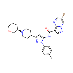 Cc1ccc(-n2nc(C3CCN([C@@H]4CCCOC4)CC3)cc2NC(=O)c2cnn3cc(Br)cnc23)cc1 ZINC000203742973