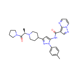 Cc1ccc(-n2nc(C3CCN([C@H](C)C(=O)N4CCCC4)CC3)cc2NC(=O)c2cnn3cccnc23)cc1 ZINC000145870042