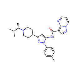 Cc1ccc(-n2nc(C3CCN([C@H](C)C(C)C)CC3)cc2NC(=O)c2cnn3cccnc23)cc1 ZINC000145880414