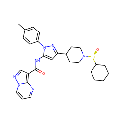 Cc1ccc(-n2nc(C3CCN([S@@+]([O-])C4CCCCC4)CC3)cc2NC(=O)c2cnn3cccnc23)cc1 ZINC000143378670