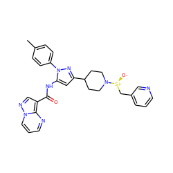 Cc1ccc(-n2nc(C3CCN([S@@+]([O-])Cc4cccnc4)CC3)cc2NC(=O)c2cnn3cccnc23)cc1 ZINC000145886175