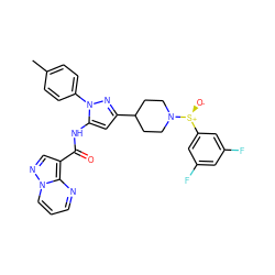 Cc1ccc(-n2nc(C3CCN([S@@+]([O-])c4cc(F)cc(F)c4)CC3)cc2NC(=O)c2cnn3cccnc23)cc1 ZINC000143374142