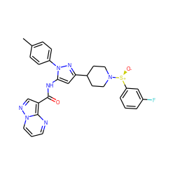 Cc1ccc(-n2nc(C3CCN([S@@+]([O-])c4cccc(F)c4)CC3)cc2NC(=O)c2cnn3cccnc23)cc1 ZINC000143381087