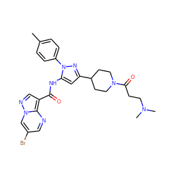 Cc1ccc(-n2nc(C3CCN(C(=O)CCN(C)C)CC3)cc2NC(=O)c2cnn3cc(Br)cnc23)cc1 ZINC000203743031